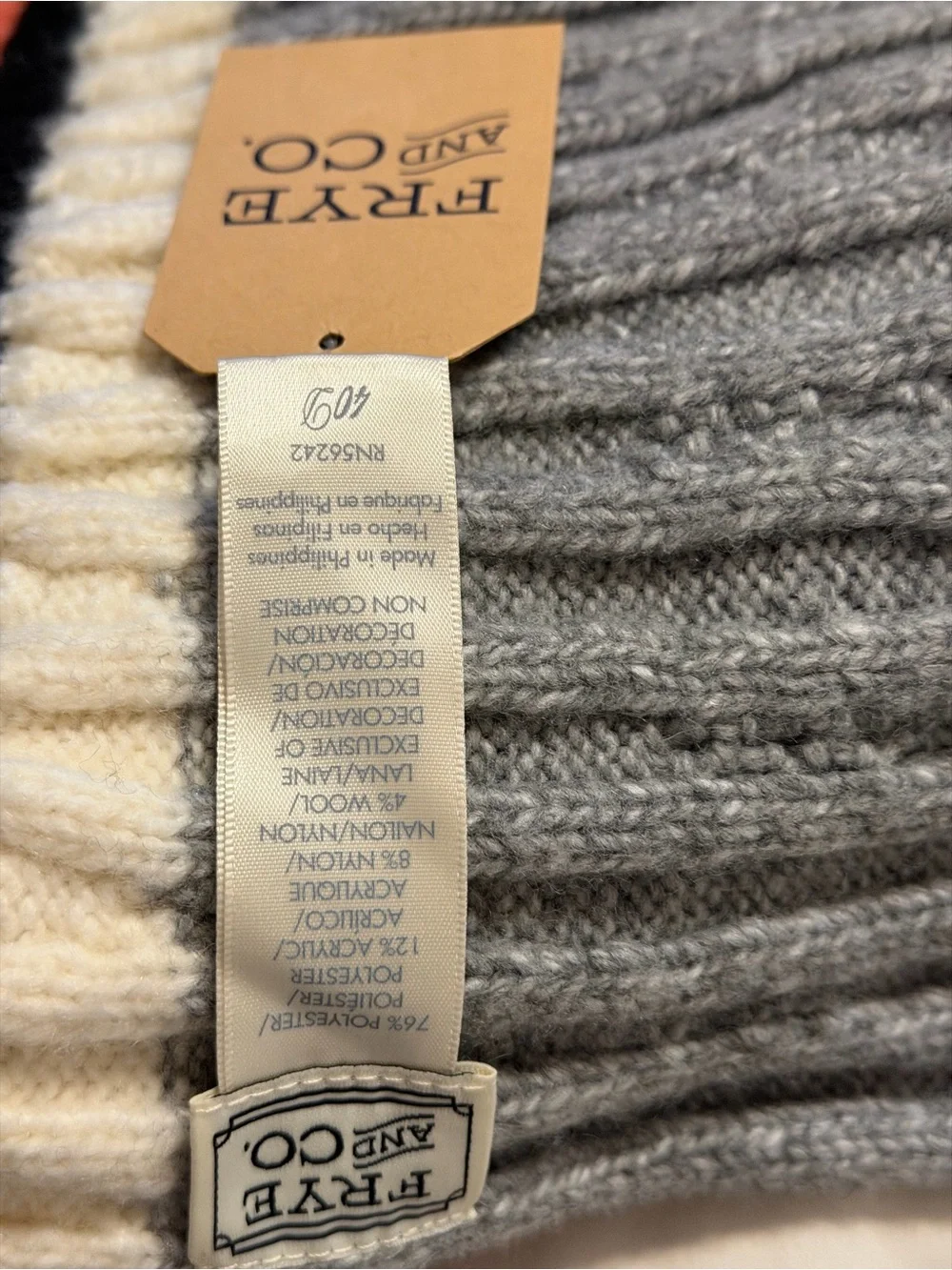 Frye Ribbed Knit Beanie in Light Gray and Cream